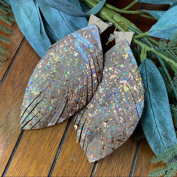 Leather Feather Drop Earrings - Picture 7 of 8